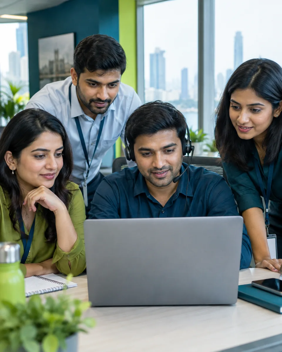 Troika AI team reviewing an AI calling dashboard on a laptop
